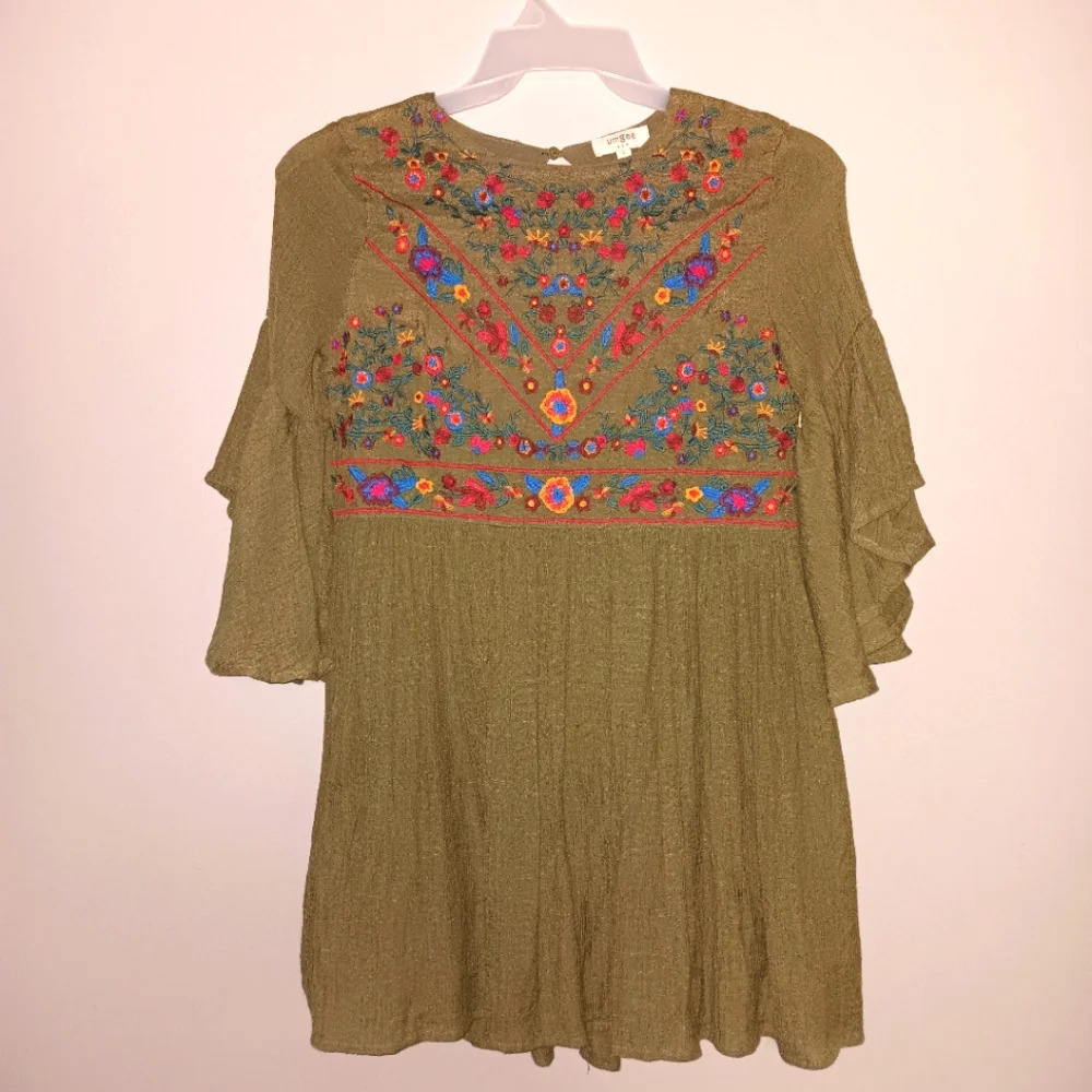Umgee boho women's dress size S green embroidered floral